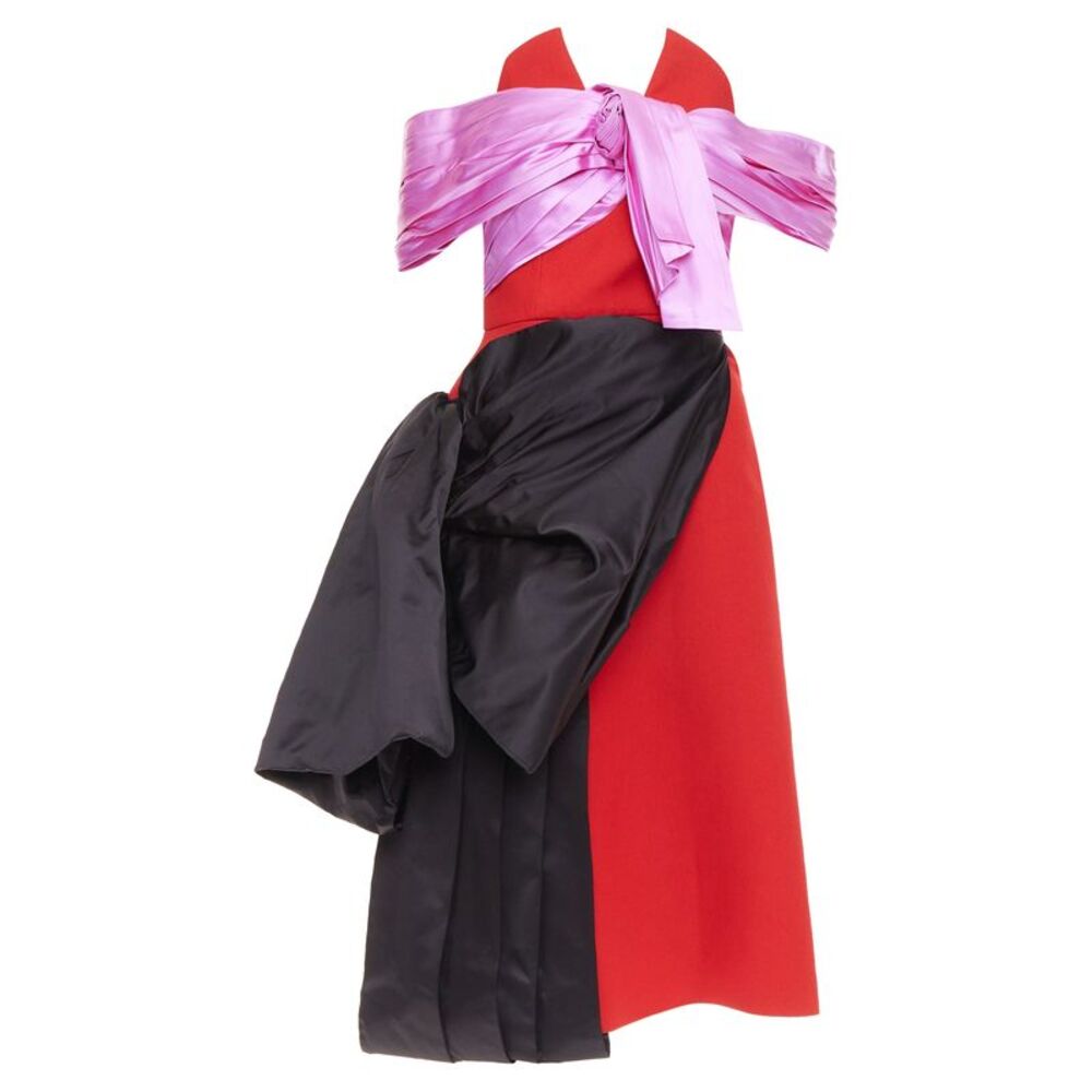 Prada red pink black virgin wool satin sash bustier dress